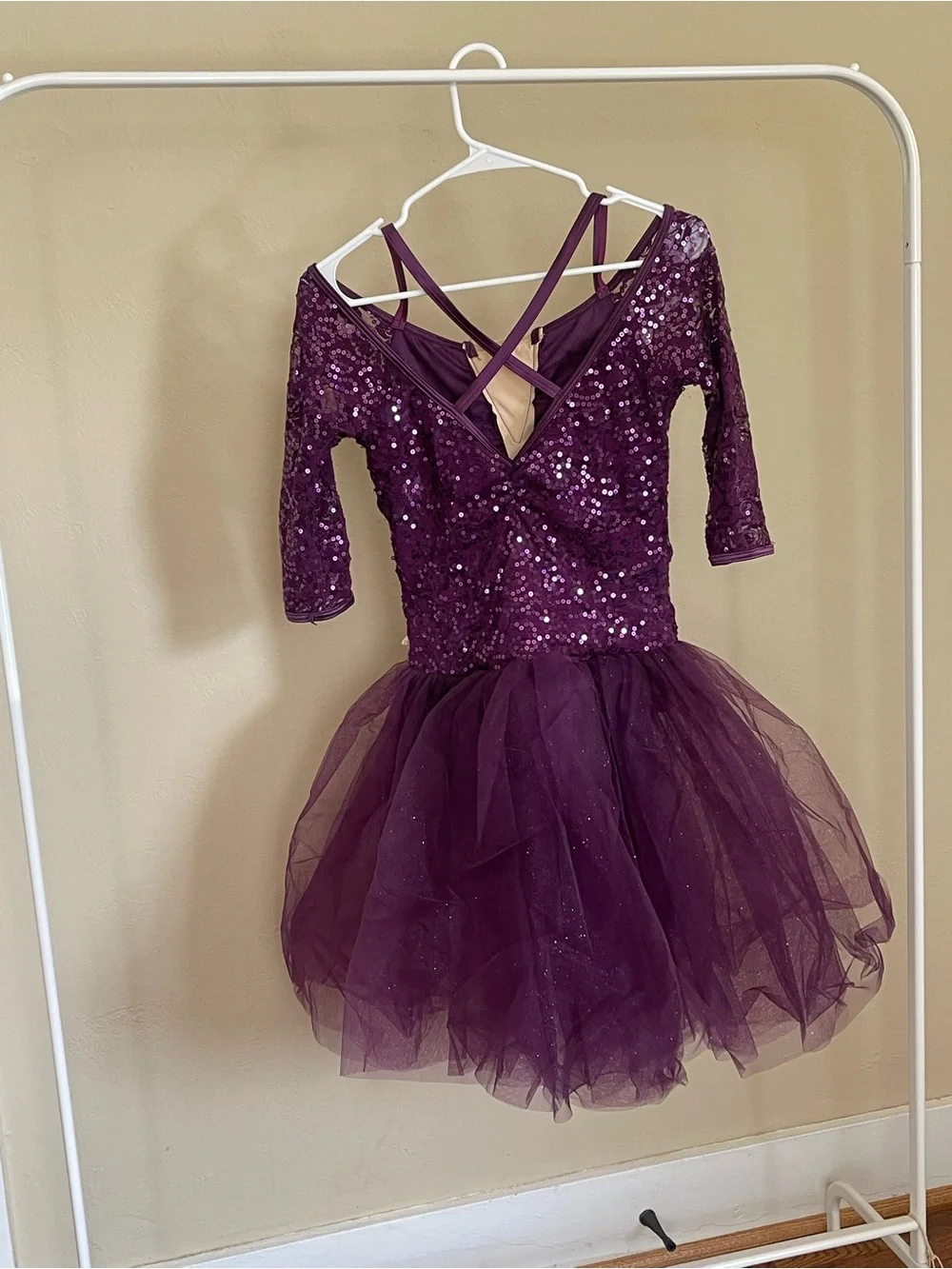 Weissman Purple Sequin Tulle Dance Dress with Gold Applique